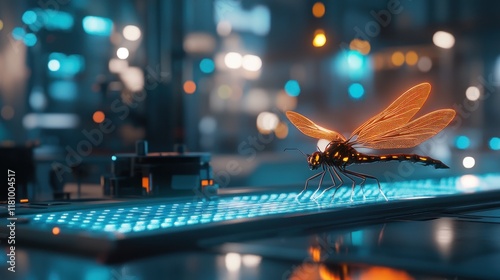 A futuristic scene featuring a glowing insect on a illuminated surface in a tech environment. photo