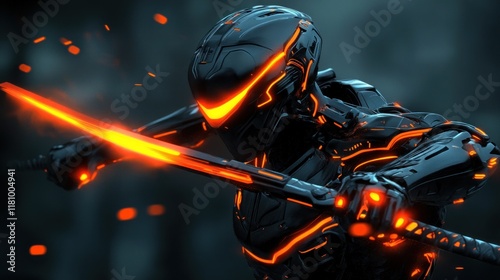 Futuristic cyborg ninja wielding glowing katana in a dark forest. photo