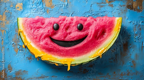 Smiling Watermelon Slice on Blue Background photo