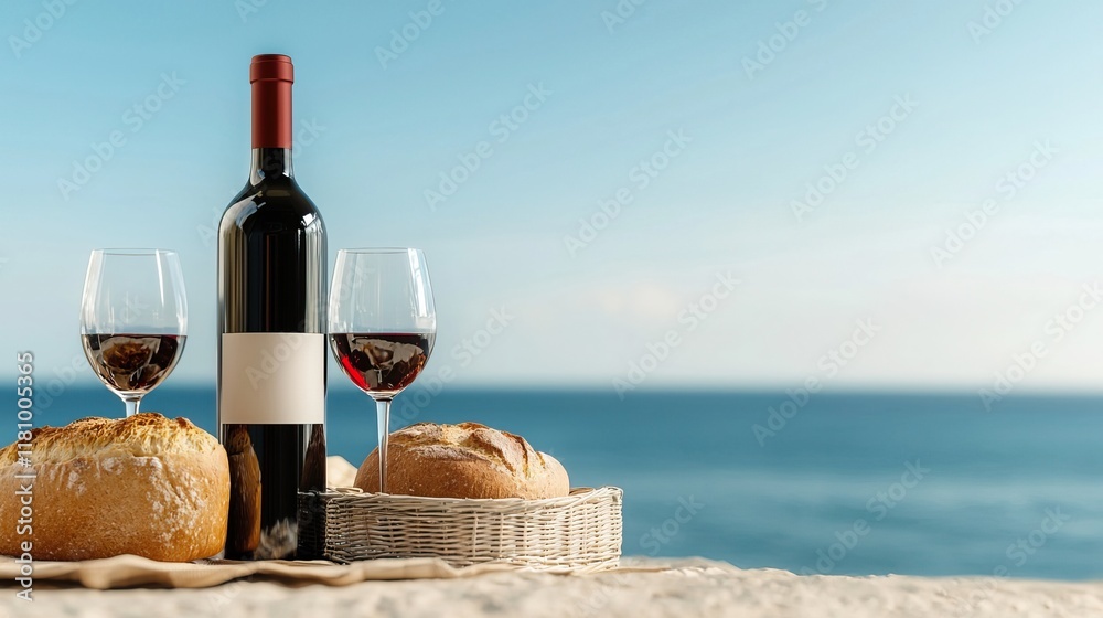 Scenic Wine and Glasses with Fresh Bread and Ocean View, Picnic beach ocean view concept.