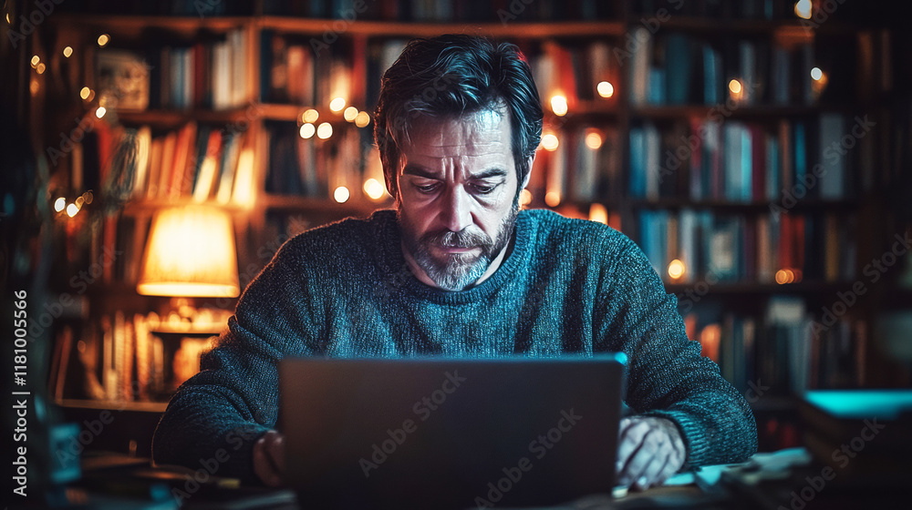 Man Working Late in Library: A man sits in a dimly lit library, illuminated by warm lamplight, engrossed in work on his laptop. The shelves behind him are lined with books. Man Working Late in Library: A man sits in a dimly lit library, illuminated by warm lamplight, engrossed in work on his laptop. The shelves behind him are lined with books.