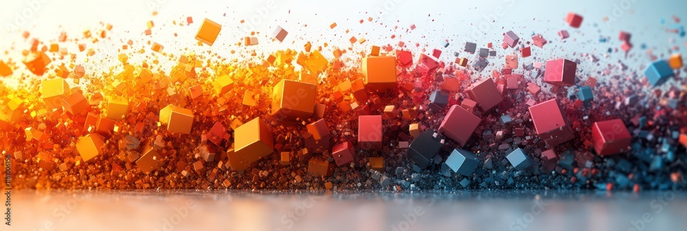 Obraz premium Abstract Colorful Cube Explosion: A Dynamic 3D Render of Vibrant Cubes in Motion