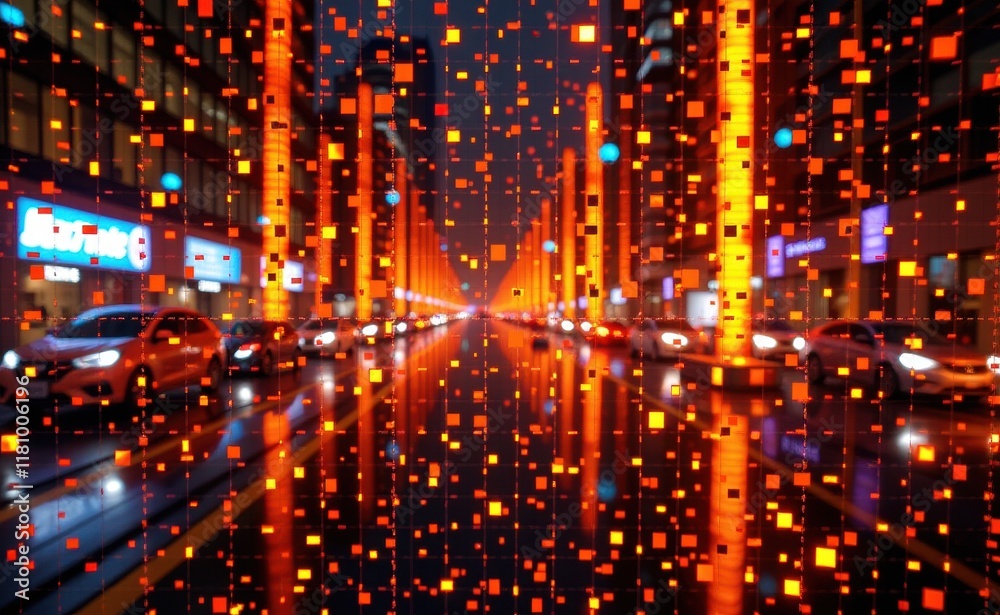 A futuristic digital landscape with a grid of glowing, multicolored lights, creating a mesmerizing and abstract pattern.