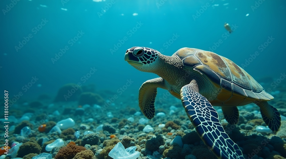 Obraz premium Ocean Turtle Endangered, Plastic Pollution Threat