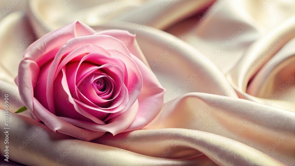 Elegant pink rose on luxurious soft silk fabric background, interior design Elegant pink rose on luxurious soft silk fabric background, interior design