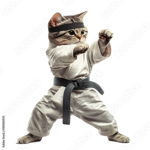 Playful Cat in Karate Pose Wearing a Traditional Martial Arts Uniform and Black Belt, Displaying Its Skills and Strength with a Fun and Energetic Expression photo