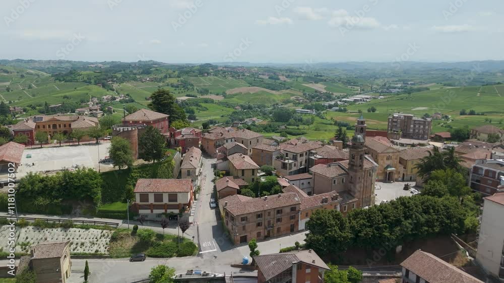 Agliano Terme, Asti, Piedmont, Italy. 4k aerial view of the town. Langhe-Roero and Monferrato. Flying forward above the town with the church of San Giacomo Maggiore on the right Agliano Terme, Asti, Piedmont, Italy. 4k aerial view of the town. Langhe-Roero and Monferrato. Flying forward above the town with the church of San Giacomo Maggiore on the right