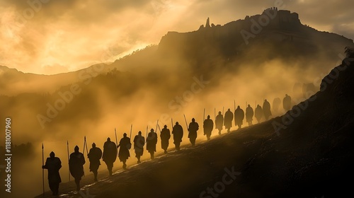 A photo of a Roman legion marching through a mountain pass in the early morning mist.