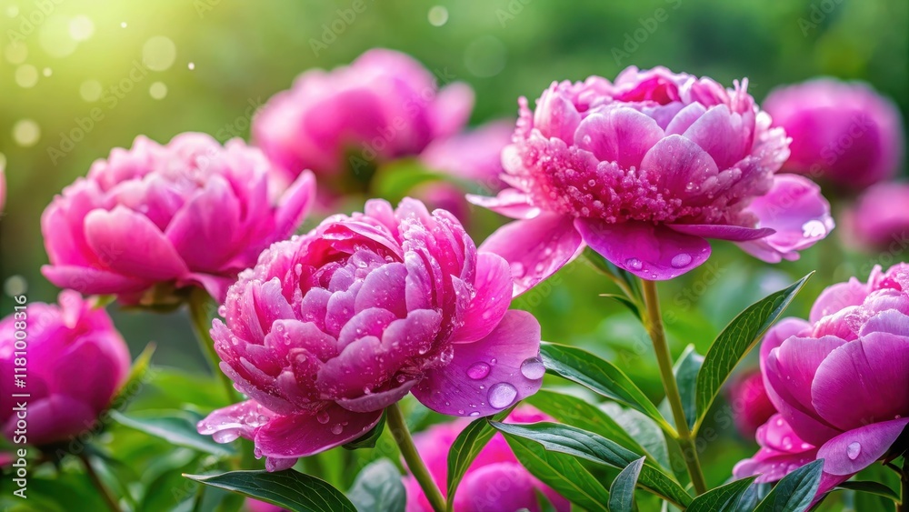 Vibrant pink peony flowers blooming in a lush green garden with dew drops on the petals, spring garden, outdoor Vibrant pink peony flowers blooming in a lush green garden with dew drops on the petals, spring garden, outdoor