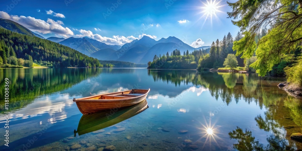 A serene lake surrounded by trees and mountains, with a small wooden boat in the foreground A serene lake surrounded by trees and mountains, with a small wooden boat in the foreground