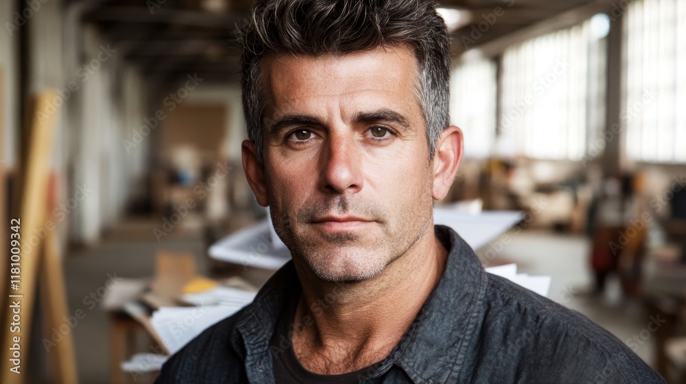 Obraz premium Confident Middle-Aged Man in Workshop Setting with Papers Around