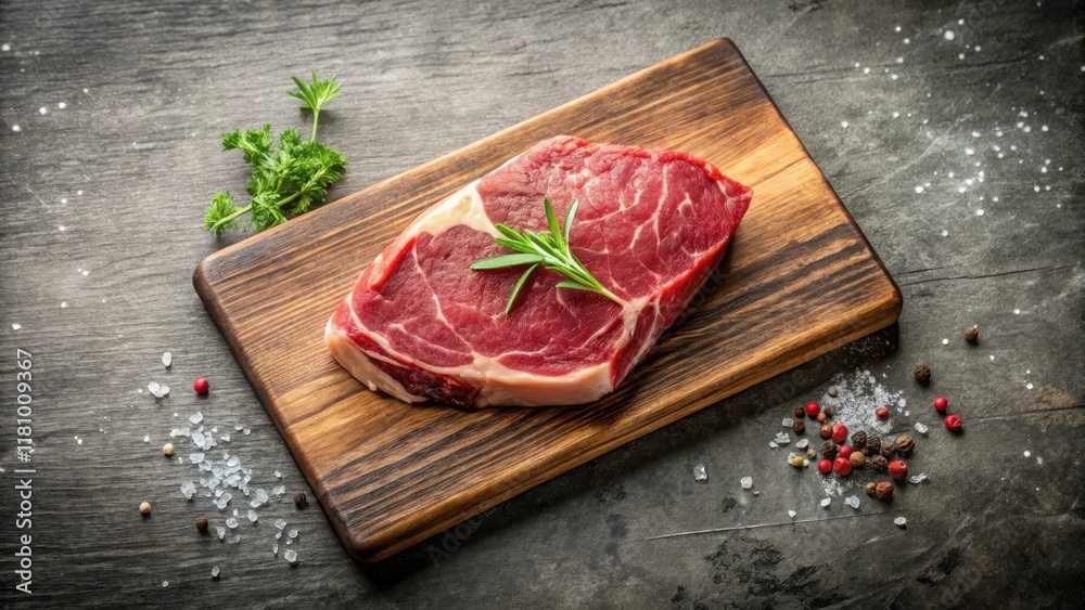 A juicy piece of rump steak lies on a cutting board, its marbling visible as it's ready for cooking A juicy piece of rump steak lies on a cutting board, its marbling visible as it's ready for cooking
