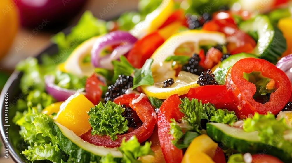 Vibrant fresh vegetable salad with lemon and caviar. Vibrant fresh vegetable salad with lemon and caviar.