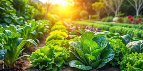 Lush green leafy vegetables and fruits growing in a vegetable garden under the warm sun, harvest