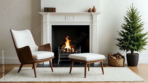 Cozy living room scene featuring a mid-century modern armchair and ottoman in front of a fireplace with a burning fire and a small Christmas tree.