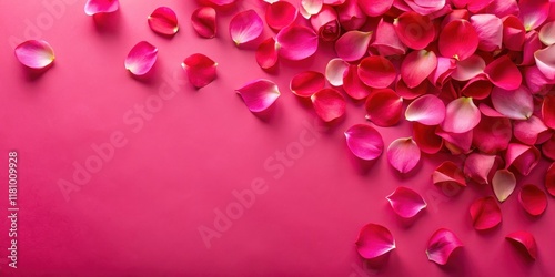 Vibrant paper rose petals scattered on a bright pink background, floral arranger, floral,  floral arranger, floral, bouquet