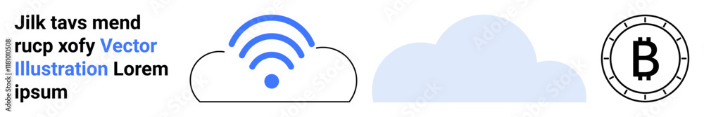 Text with random words, wireless signal inside cloud, solid blue cloud, and Bitcoin symbol inside circle. Ideal for cloud computing, cryptocurrency, wireless connectivity, digital innovation Text with random words, wireless signal inside cloud, solid blue cloud, and Bitcoin symbol inside circle. Ideal for cloud computing, cryptocurrency, wireless connectivity, digital innovation