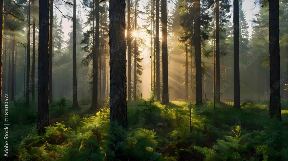 Obraz premium A panoramic view of a misty forest at sunrise, with sunlight filtering through tall pine trees and dew-covered grass