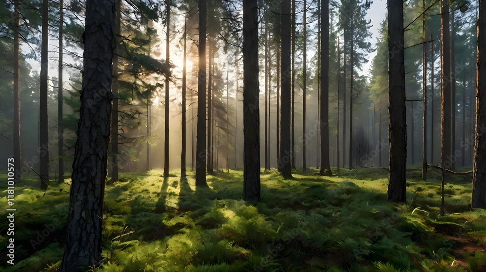 A panoramic view of a misty forest at sunrise, with sunlight filtering through tall pine trees and dew-covered grass A panoramic view of a misty forest at sunrise, with sunlight filtering through tall pine trees and dew-covered grass