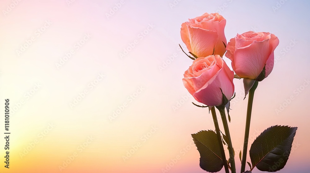 Three Soft Pink Roses Against a Gentle Pastel Sunrise Sky Displaying Natural Beauty and Serenity Three Soft Pink Roses Against a Gentle Pastel Sunrise Sky Displaying Natural Beauty and Serenity