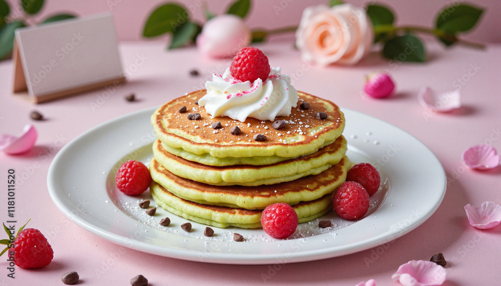 Delicious matcha pancakes with raspberries and cream, Valentine's Day charm Delicious matcha pancakes with raspberries and cream, Valentine's Day charm