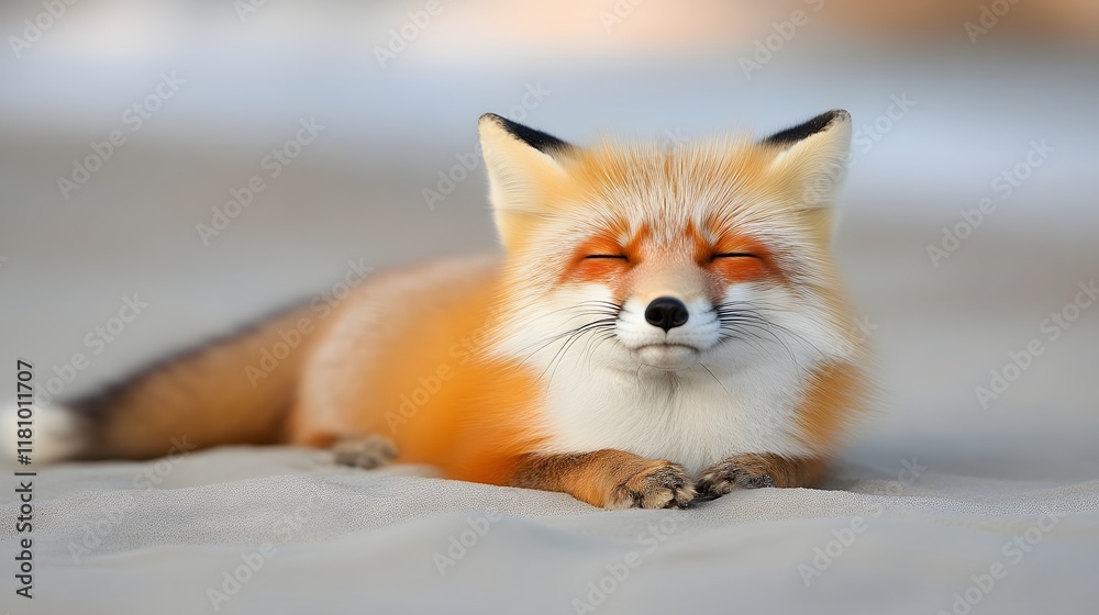 Fototapeta premium Relaxed red fox lying on sand, eyes closed.