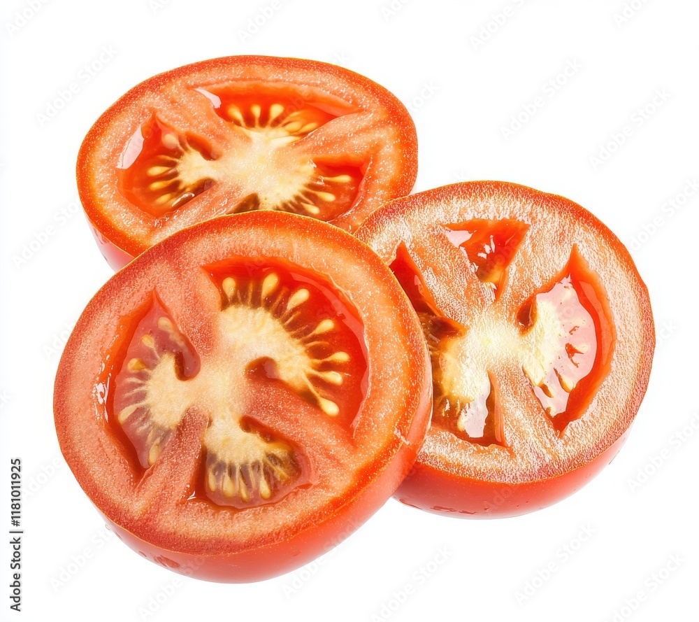 Freshly Sliced Red Tomatoes on White Background Showcasing Juicy Inside and Vibrant Color Ideal for Culinary and Healthy Lifestyle Concepts Freshly Sliced Red Tomatoes on White Background Showcasing Juicy Inside and Vibrant Color Ideal for Culinary and Healthy Lifestyle Concepts