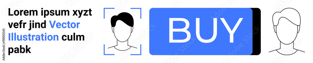 Text element with placeholder Latin text, two avatar face icons, and a prominent blue BUY button. Ideal for E-commerce, UI design, online shopping, user interaction, call-to-action, minimalist Text element with placeholder Latin text, two avatar face icons, and a prominent blue BUY button. Ideal for E-commerce, UI design, online shopping, user interaction, call-to-action, minimalist