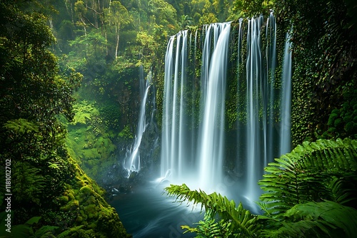 Majestic waterfall surrounded by lush greenery