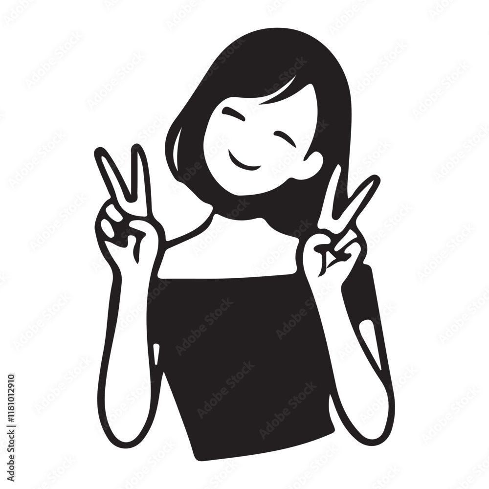 Cheerful Woman Silhouette Giving Peace Sign Cheerful Woman Silhouette Giving Peace Sign