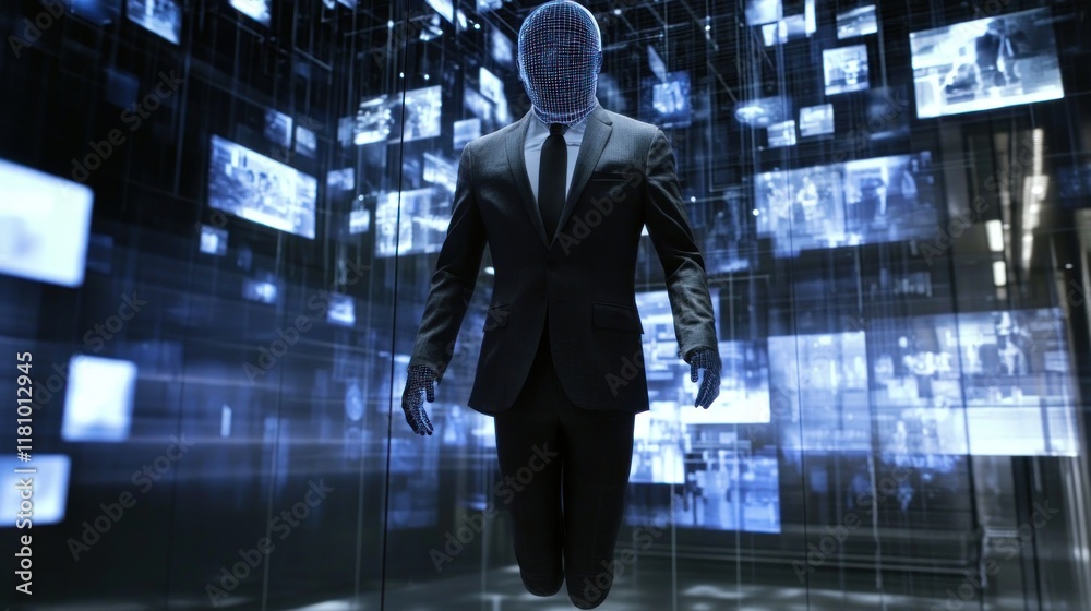 A humanoid figure in a suit with a digital face, surrounded by floating screens. A humanoid figure in a suit with a digital face, surrounded by floating screens.