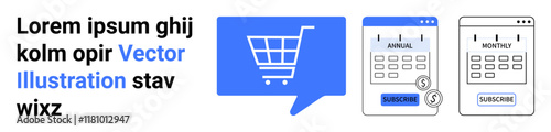 Shopping cart icon in blue speech bubble, yearly and monthly subscription plans with currency symbols, placeholder text. Ideal for e-commerce, online shopping, subscriptions, digital products