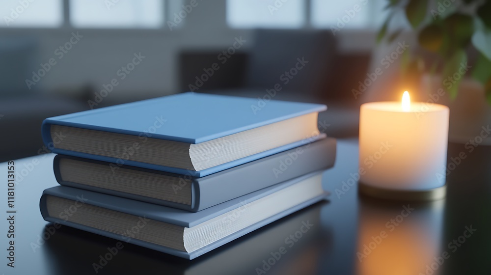 Peaceful Workspace: Turquoise and Teal Books Stacked on Light Wood Desk, Candlelight Casting Serenity and Calmness Across the Room Peaceful Workspace: Turquoise and Teal Books Stacked on Light Wood Desk, Candlelight Casting Serenity and Calmness Across the Room