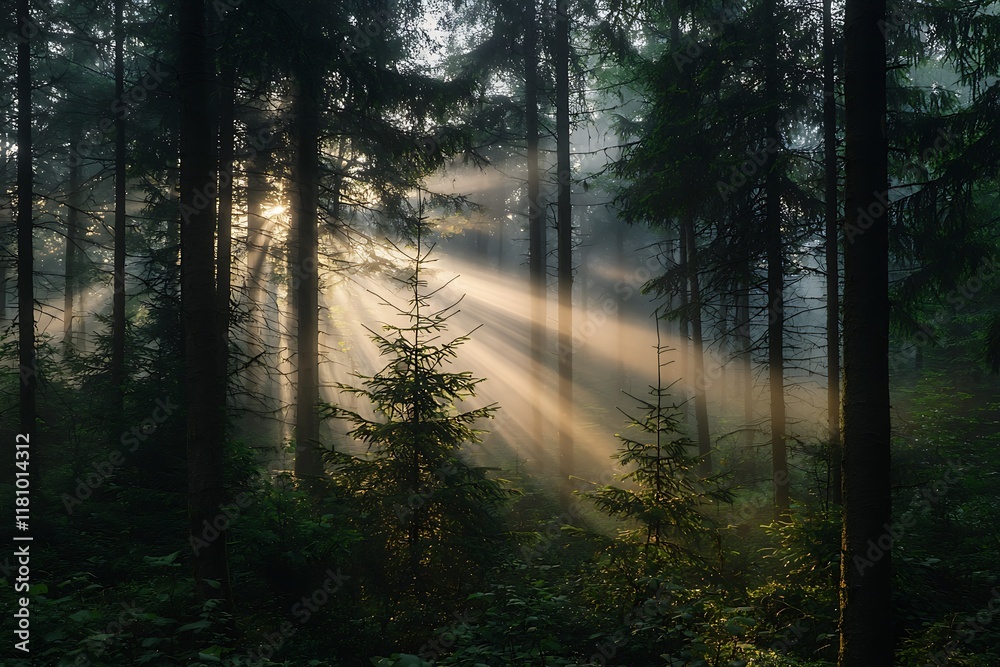 Obraz premium Misty forest morning with sunlight breaking through