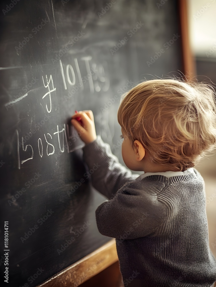 A photo of a small child learning to write the alphabet on a blackboard. A photo of a small child learning to write the alphabet on a blackboard.