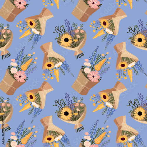 Seamless pattern of bouquets of flowers, in craft paper, packaging, for fabric, packaging. Vector.