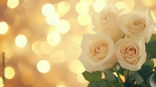 Elegant Close-Up of Fresh White Roses with Shimmering Gold Bokeh Background for Romantic and Cheerful Occasions