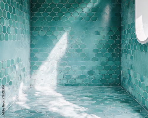 Underwaterthemed bathroom with bluegreen hues, fish scale tiles, and oceanic patterns, aquatic serenity concept photo