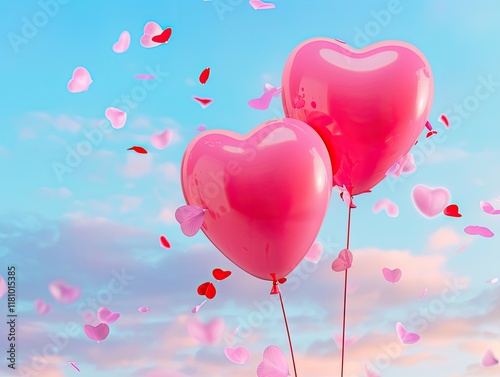Heart-shaped balloons floating in a dreamy sky with colorful confetti and soft clouds, symbolizing love and celebration