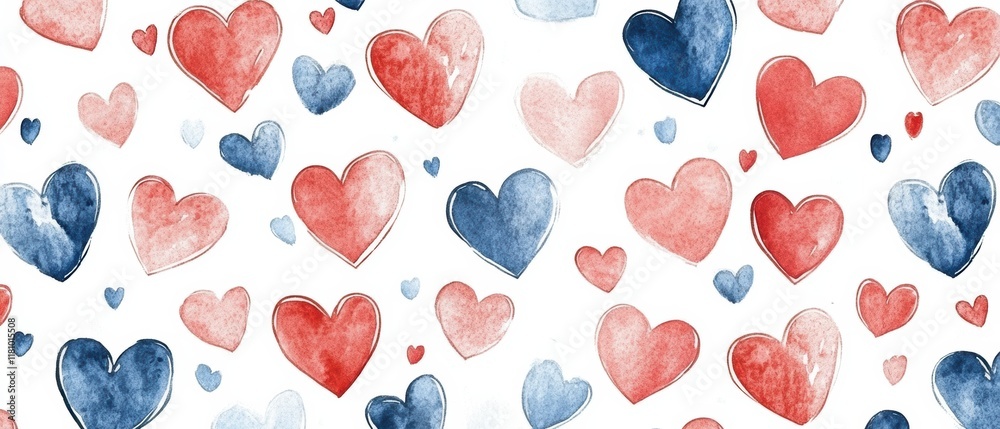 Hand Drawn Seamless Decorative Heart Pattern in Red and Blue Hand Drawn Seamless Decorative Heart Pattern in Red and Blue