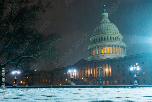 US Washington D. C. in winter night snow. Capitol Building in night. Washington city Capitol. United States Capital. USA landmark. Supreme Court. Washington D.C. Night Washington Capital city.