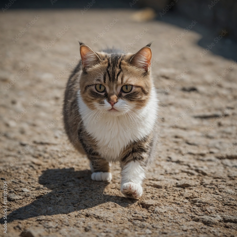 A munchkin cat with short legs walking confidently on a clear stage. A munchkin cat with short legs walking confidently on a clear stage.