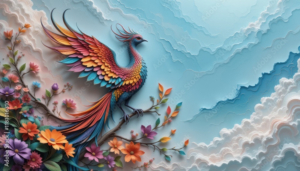 Obraz premium Colorful Phoenix Bird Amidst Floral Paper Art Cloudscape