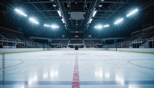 Ice rink interior with bright lights and empty seating