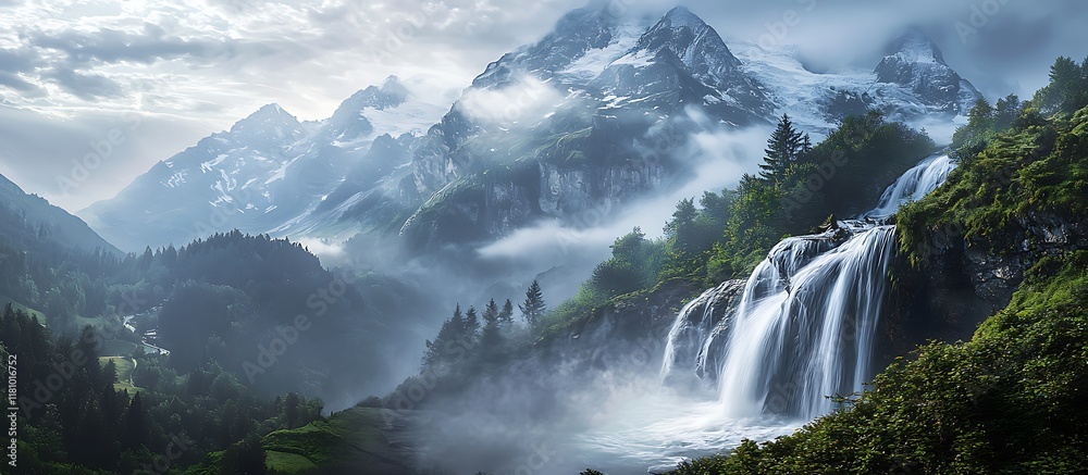 Misty mountains with a cascading waterfall Misty mountains with a cascading waterfall