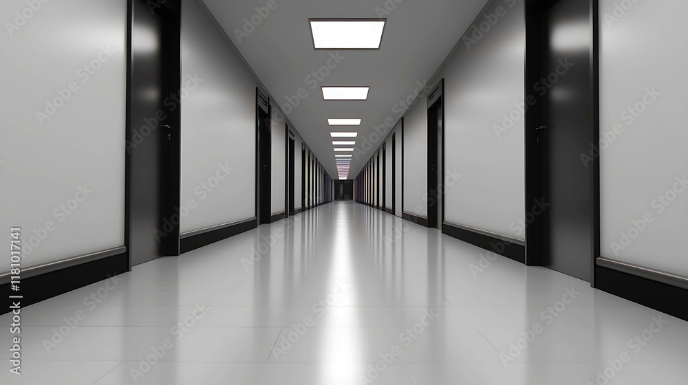 Fototapeta premium Modern Empty Corridor with Black Accents, A long, empty corridor with sleek, modern design.
