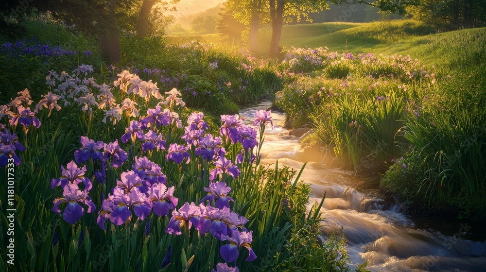 Obraz premium Serene Vibrant Landscape with Blooming Irises by Gentle Stream at Sunrise