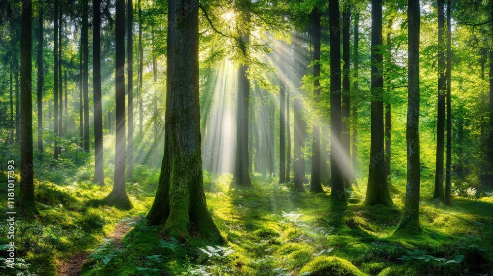 Fototapeta premium Lush forest with sunlight streaming through the trees, soft focus, professional and calming atmosphere