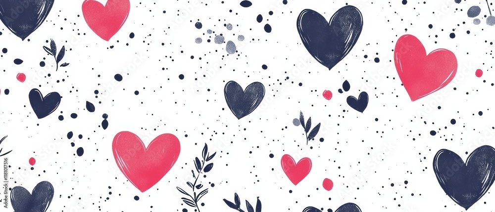 Hand-Drawn Decorative Seamless Pattern with Hearts and Dots Hand-Drawn Decorative Seamless Pattern with Hearts and Dots