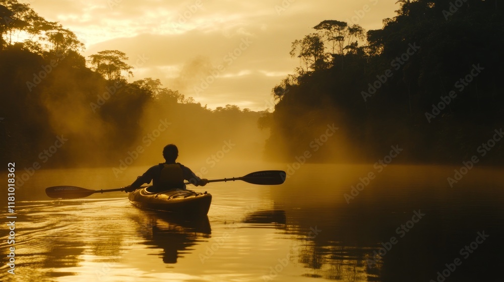 A person kayaking on a tranquil river at sunrise surrounded by mist and trees. A person kayaking on a tranquil river at sunrise surrounded by mist and trees.
